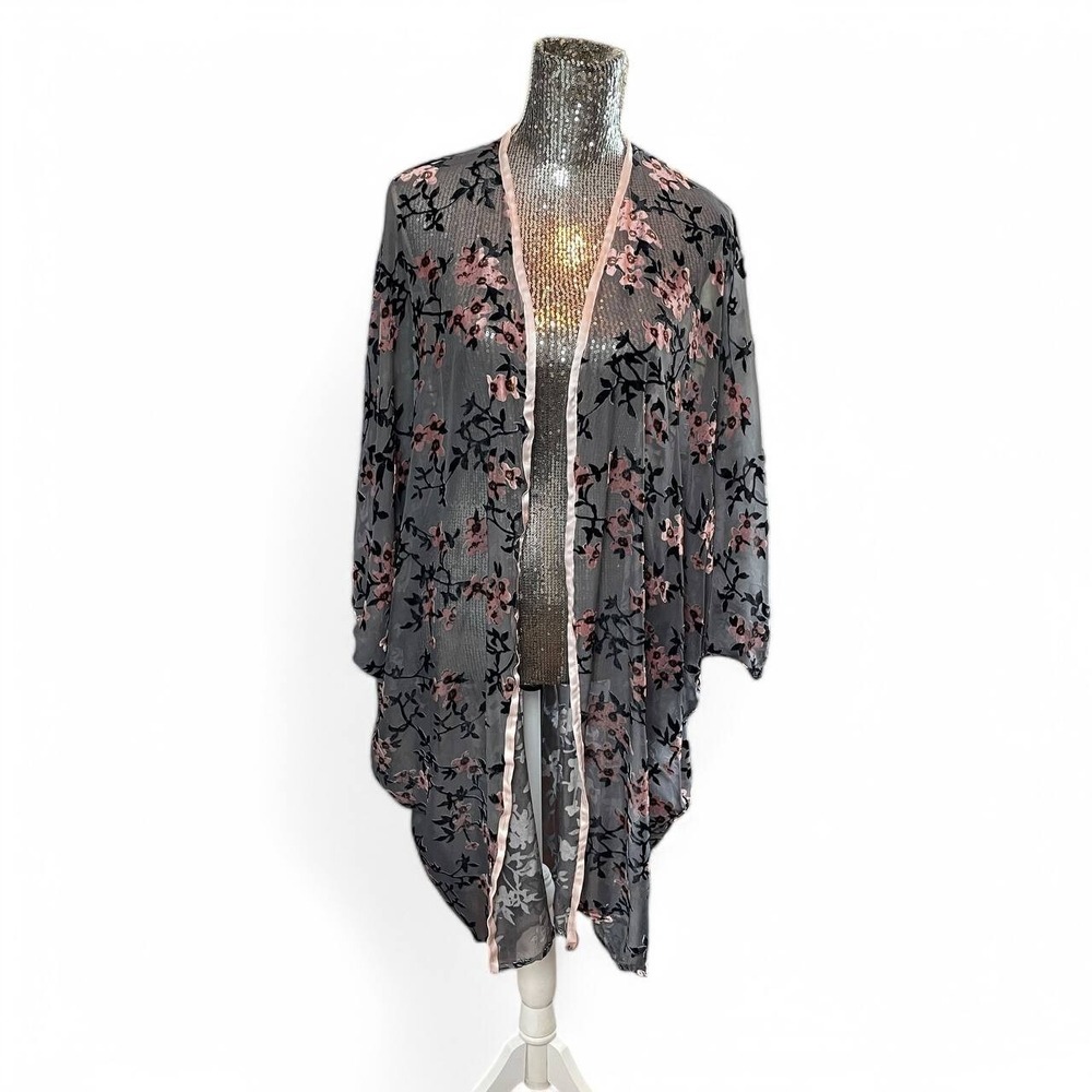 Burnout Sheer Floral Black Pink Kimono Duster Boho Fairy‎ Whimsigoth OS Grunge